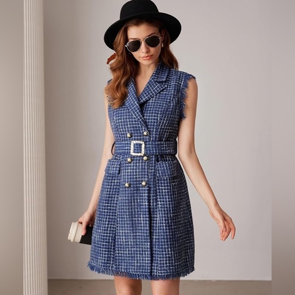 GRACE KARIN Women Tweed Sleeveless V Neck Button Down Dress Pockets Navy Blue LG - Picture 1 of 14